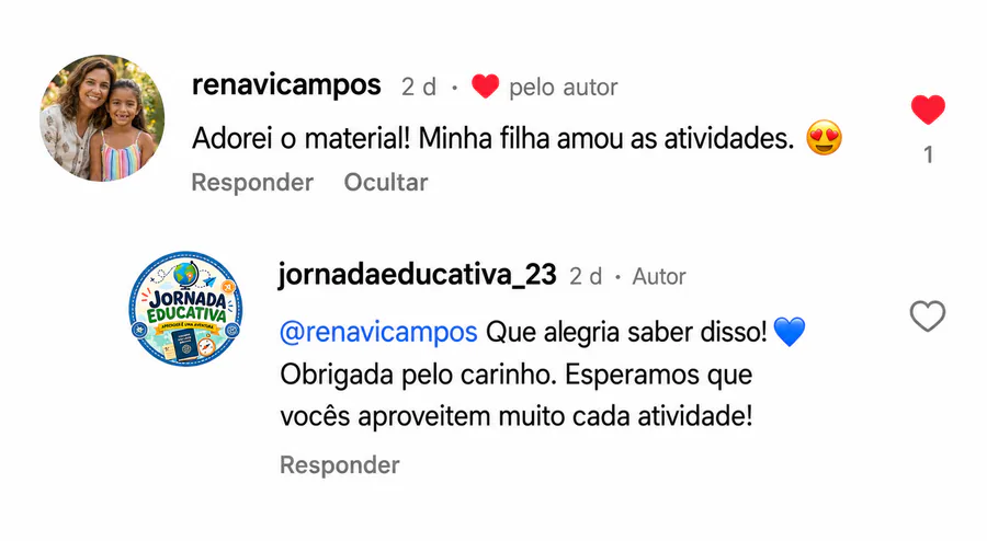 Comentário de uma mãe contando que a filha adorou as atividades
