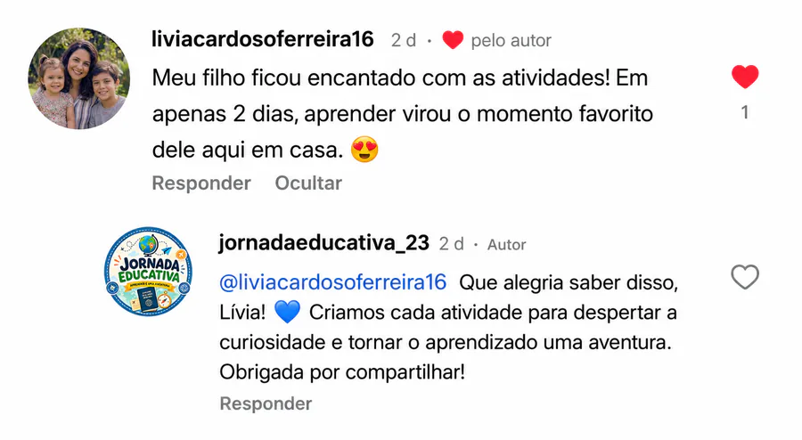 Comentário de uma mãe contando que o filho ficou encantado com as atividades
