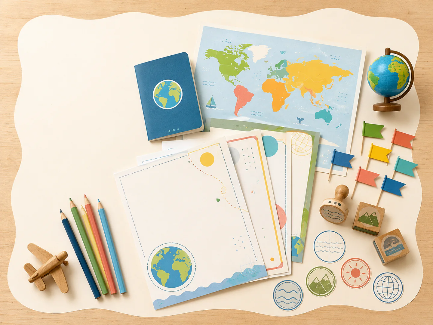 Kit da Expedição Volta ao Mundo com atividades, passaporte, mapas e bandeiras