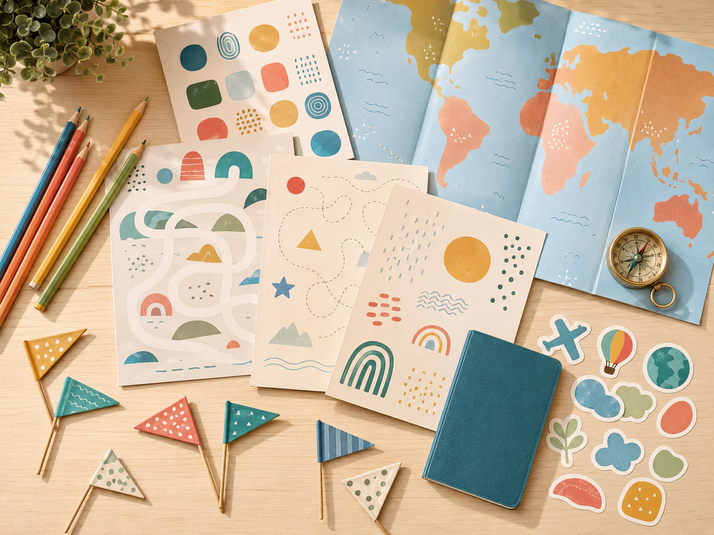 Atividades da expedição sobre uma mesa com mapas, lápis e bandeiras